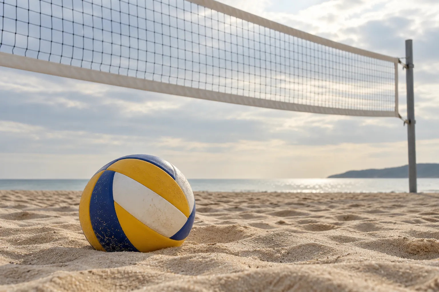 A beach volleyball below a high net on an empty sand court.