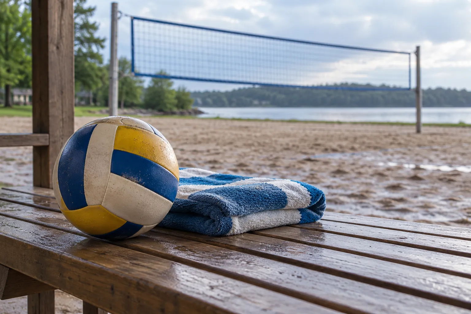 Illustration: A beach volleyball and towel on a dry shelter bench.