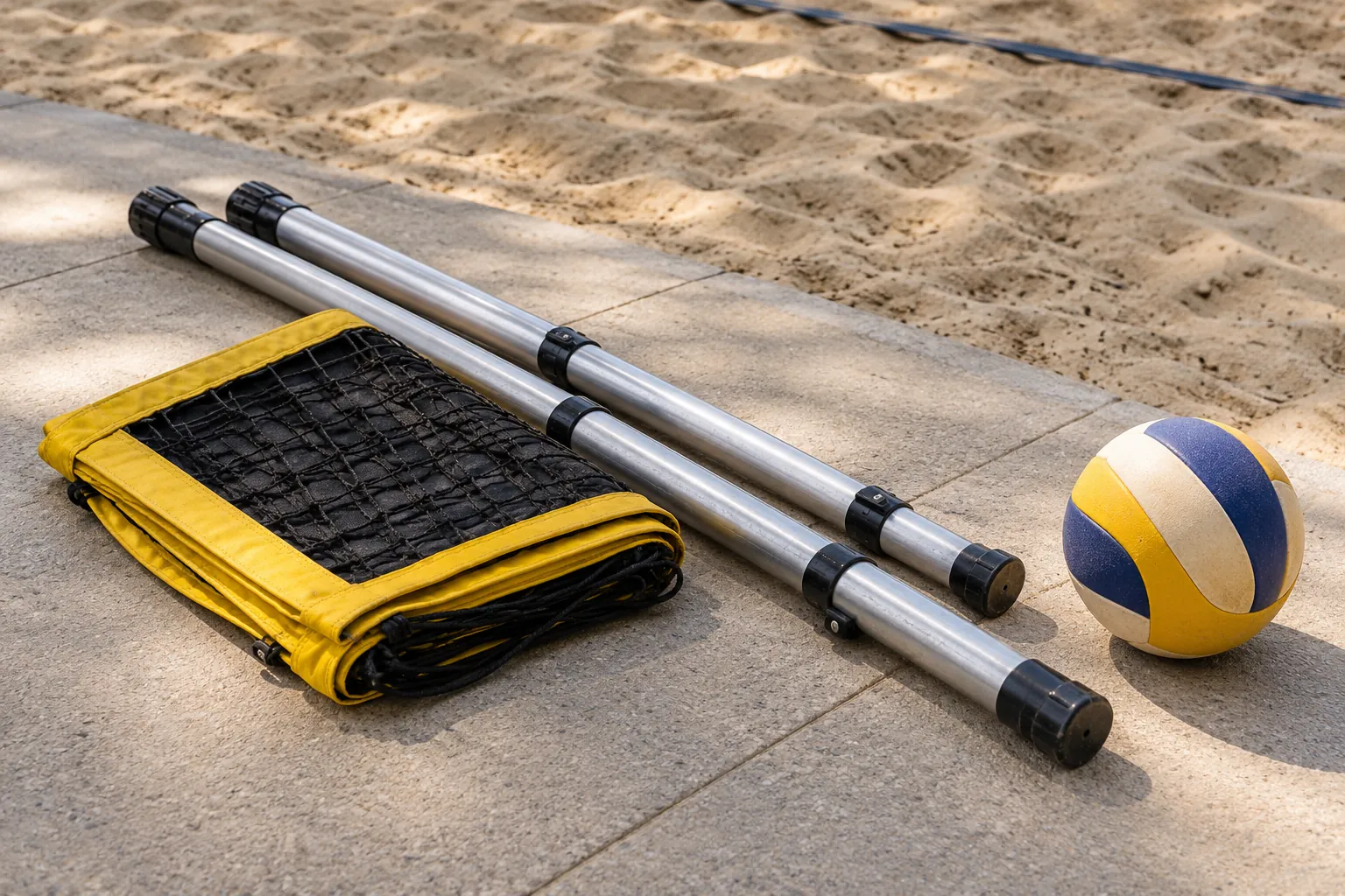 Illustration: Collapsed beach-net posts and a volleyball beside a net bag.