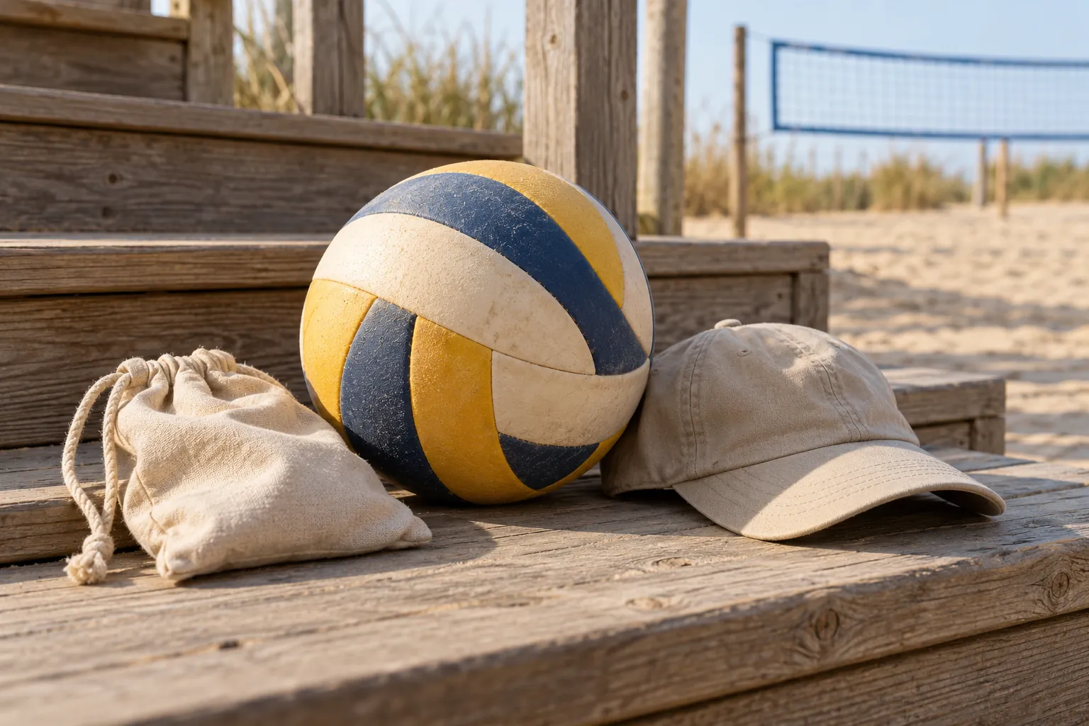 Illustration: A beach volleyball, cap and sand-sock pouch on wooden steps.