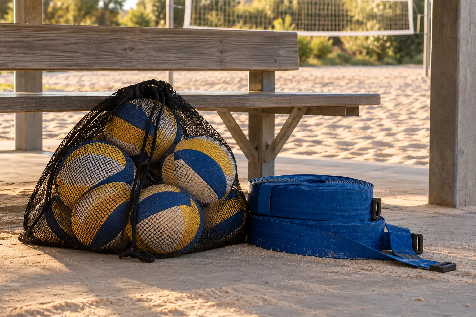 Illustration: A mesh ball bag and boundary straps beneath a sand-court bench.