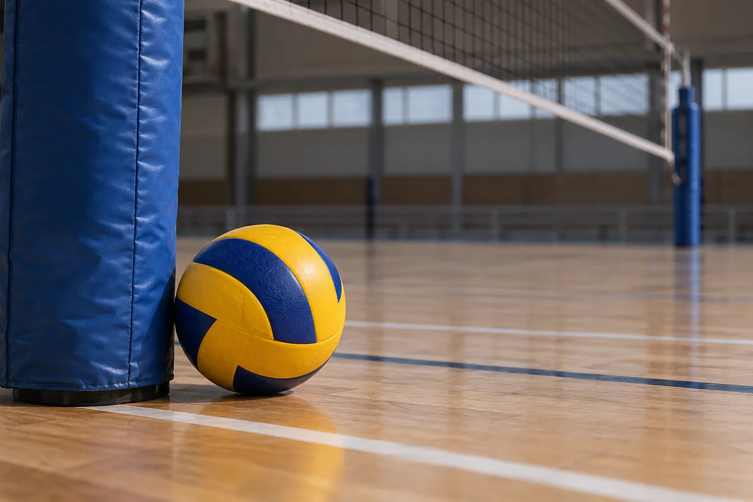Illustration: A plain yellow-and-blue paneled volleyball rests beside a blue padded net post on an empty indoor court.