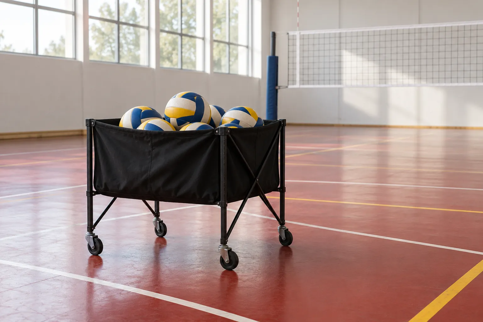 Illustration: A plain black wheeled ball trolley holds several unbranded volleyballs in an empty sports hall.