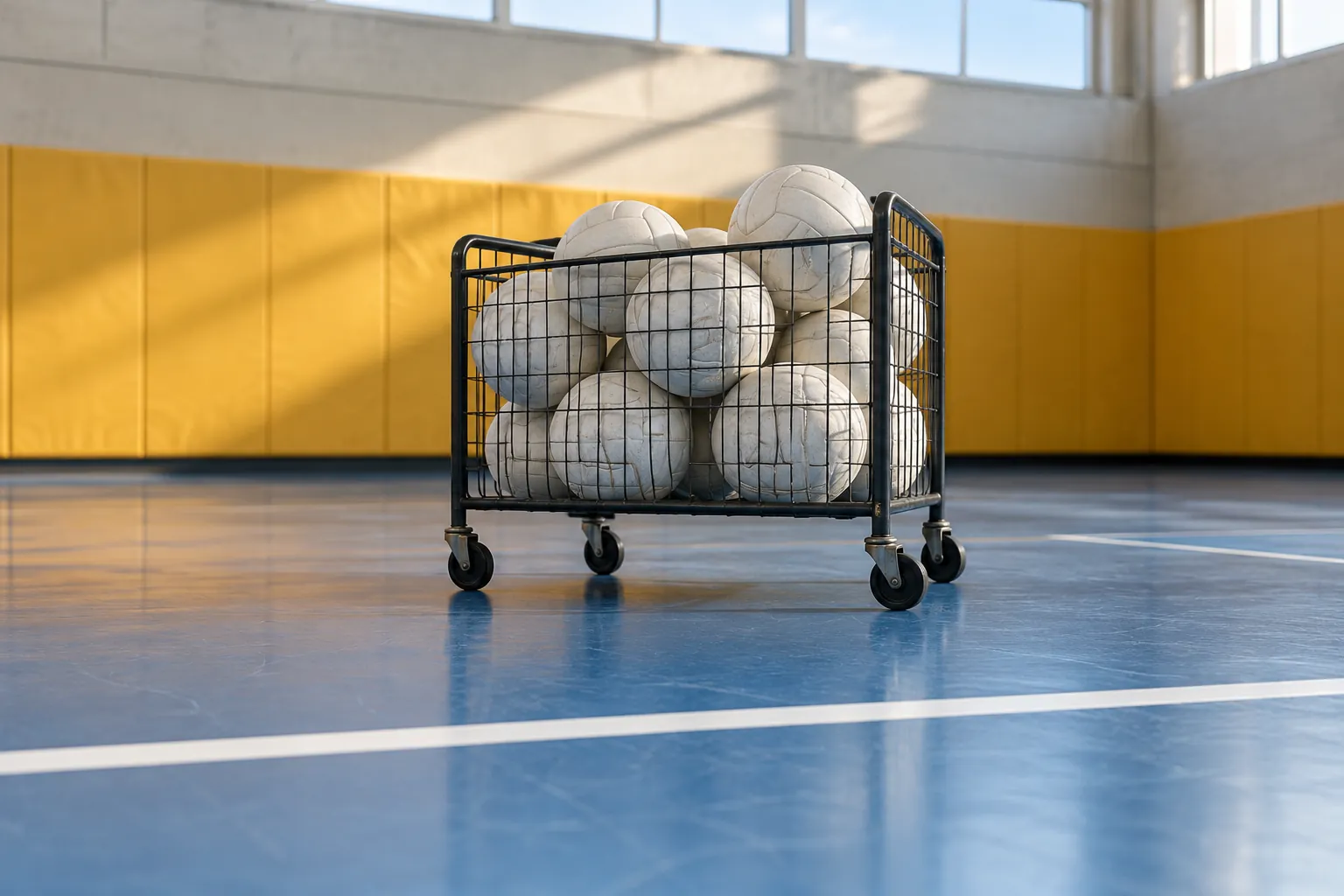 Illustration: A wire basket holding plain volleyballs stands behind a clear white baseline on a blue indoor sports court.