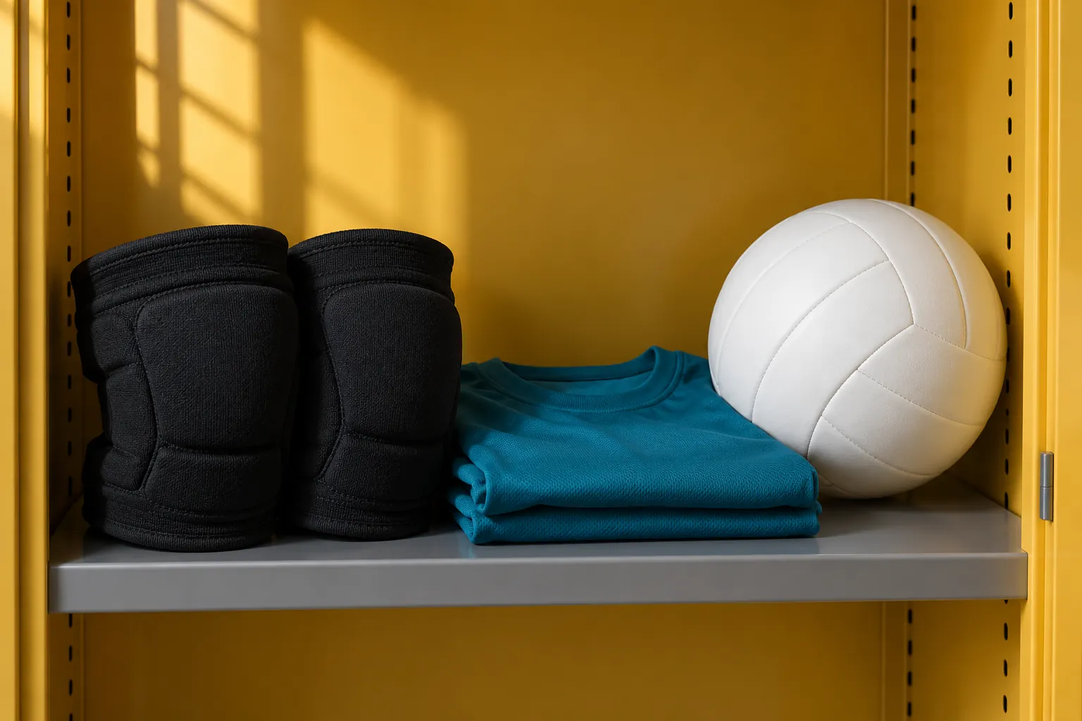 A pair of plain black volleyball knee pads, folded teal shirt and a plain ball rest on a gray open locker shelf.