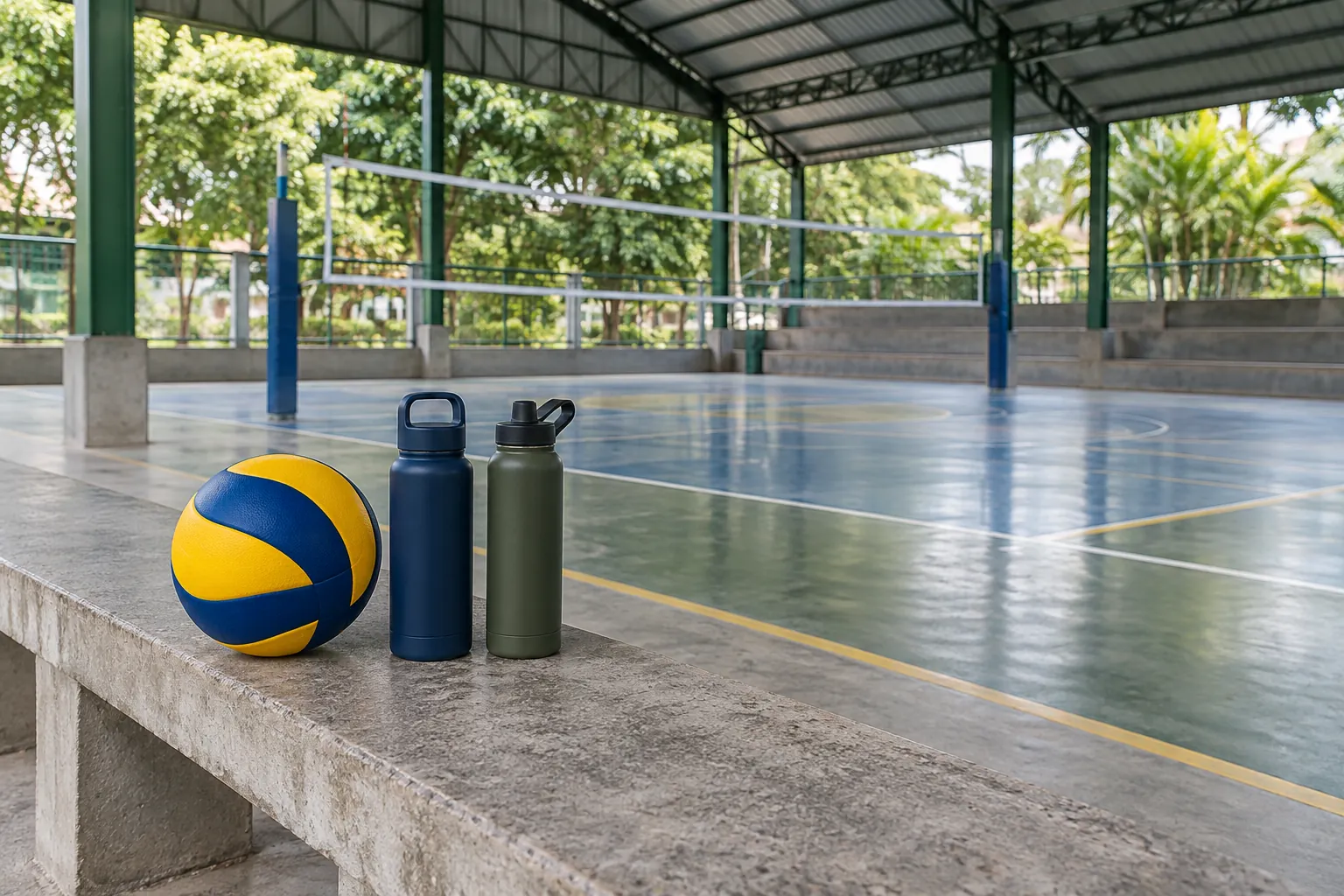 Illustration: A plain yellow-and-blue volleyball and two reusable flasks sit on a concrete bench beside an empty covered community court.