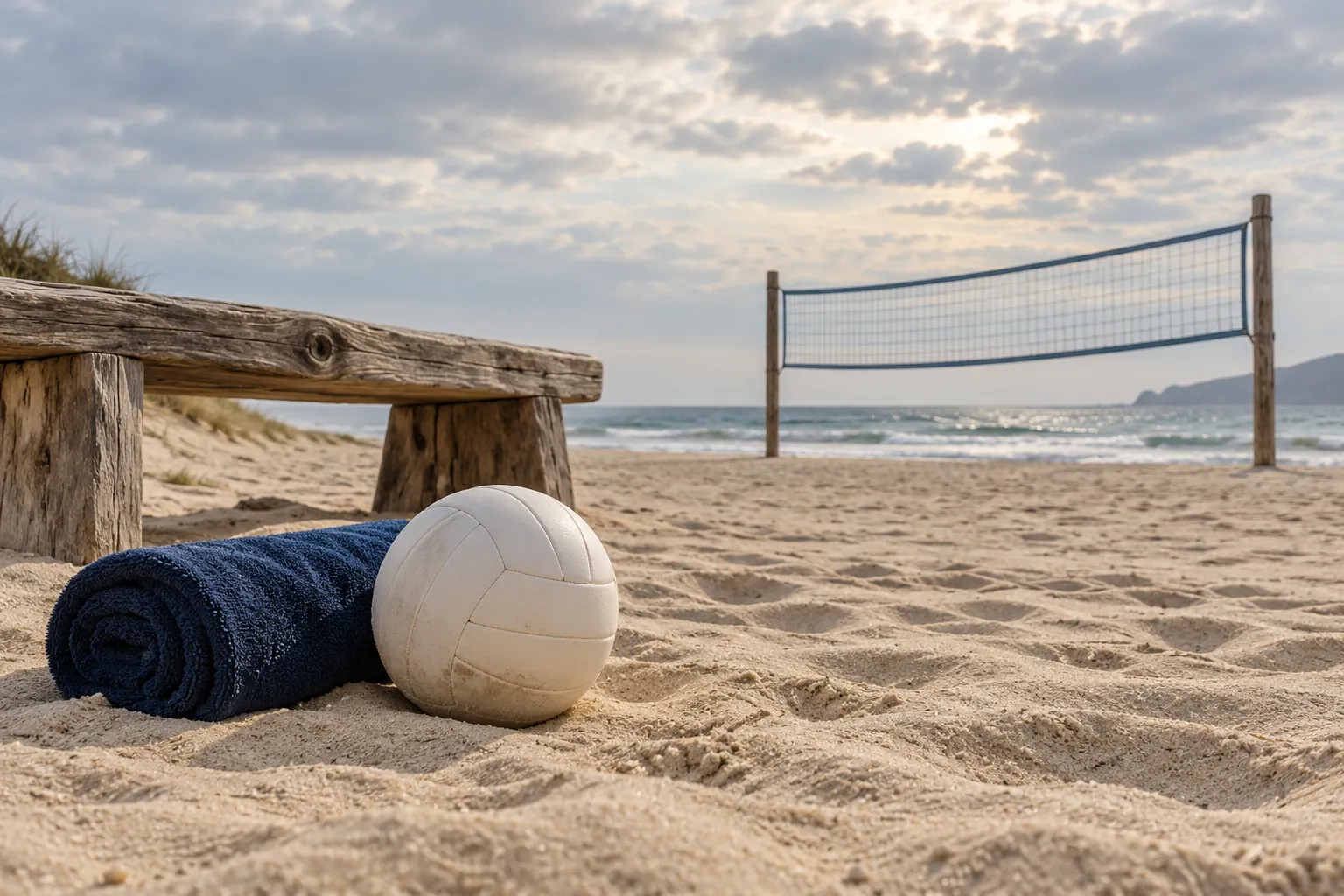 Illustration: A plain volleyball and rolled navy towel rest on dry sand beside a simple driftwood bench.