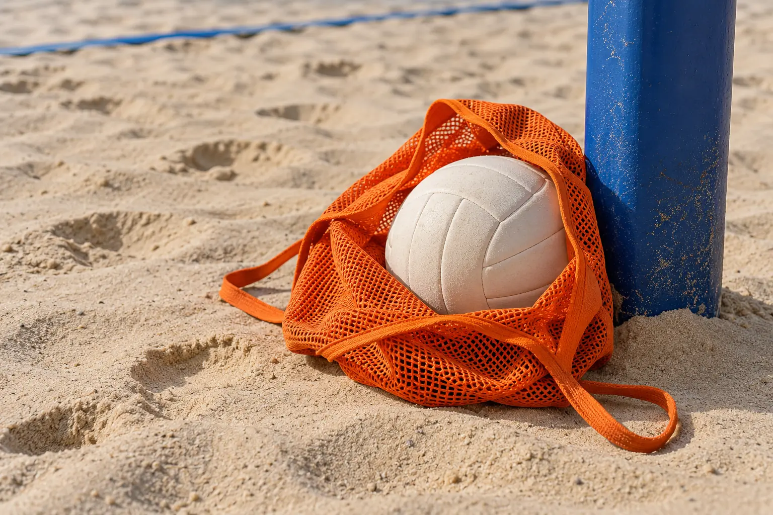 An open orange mesh bag holding one plain volleyball sits at the foot of a blue beach-court post.