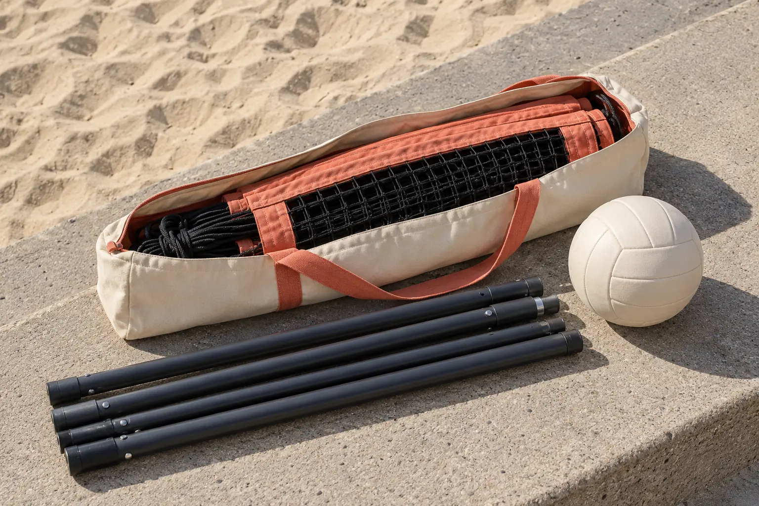 Illustration: A folded portable beach-volleyball net and its slim poles lie beside a plain volleyball in an open canvas bag on a concrete beach step.