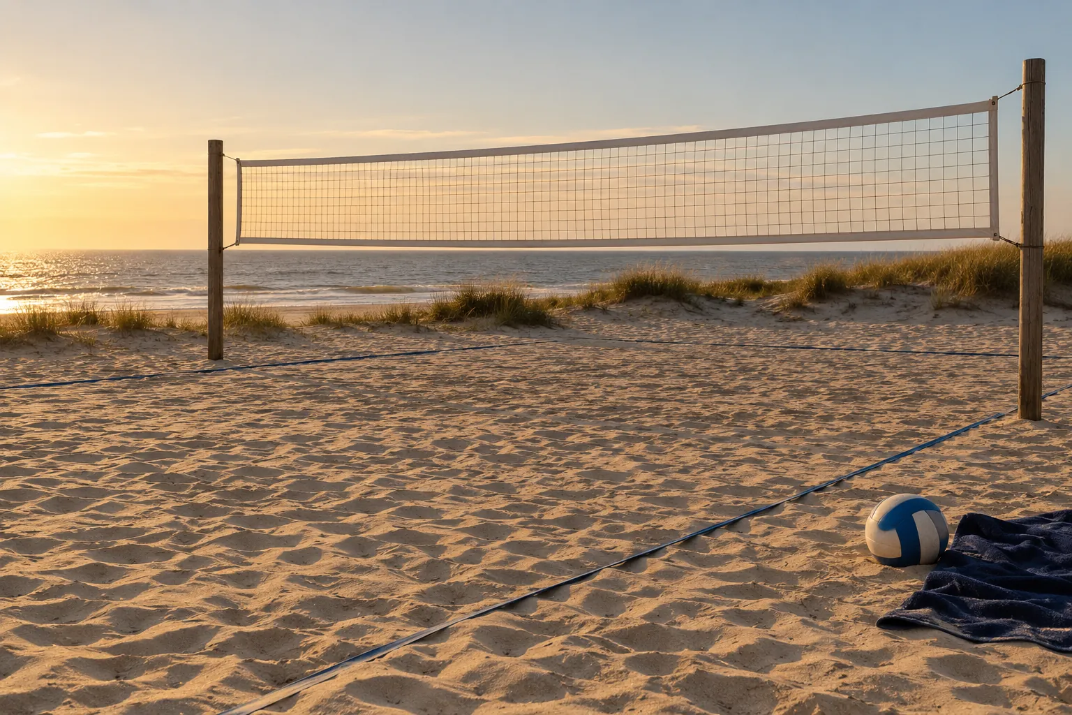 Illustration: An empty modest beach-volleyball court has a taut plain net, with a blue-and-white ball beside a navy towel near the edge.