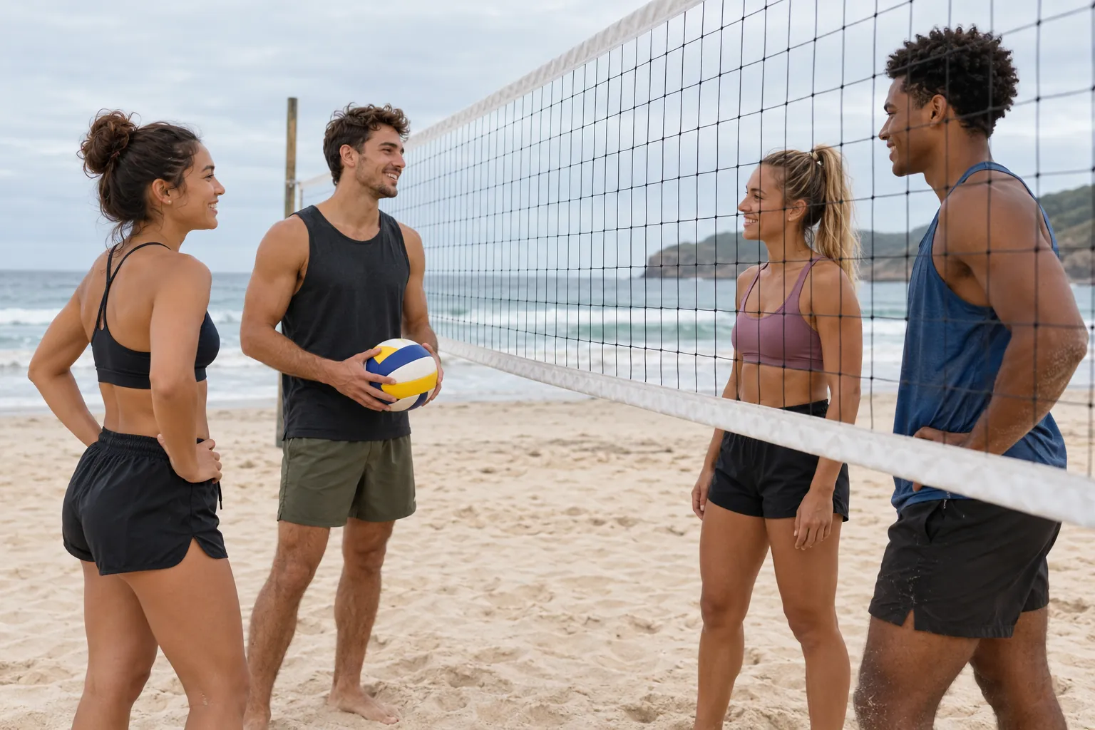 Illustration: Four young adults prepare for a casual beach-volleyball game.