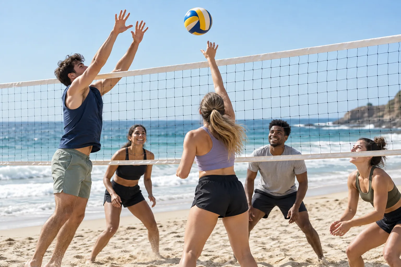 Illustration: Young adults take part in young adults playing beach volleyball at the shoreline.