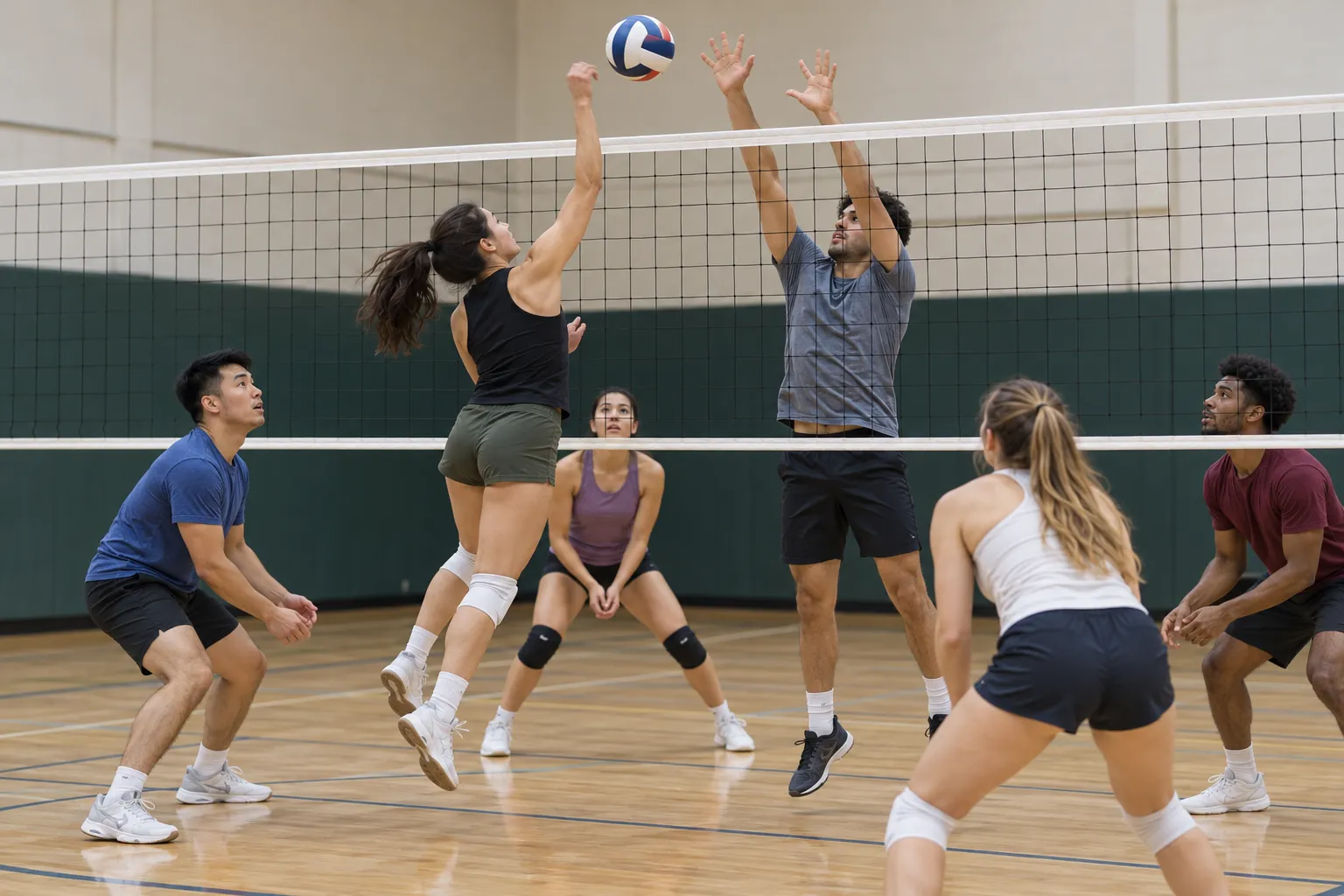 Illustration: Young adults take part in a recreational indoor volleyball rally in a community gym.