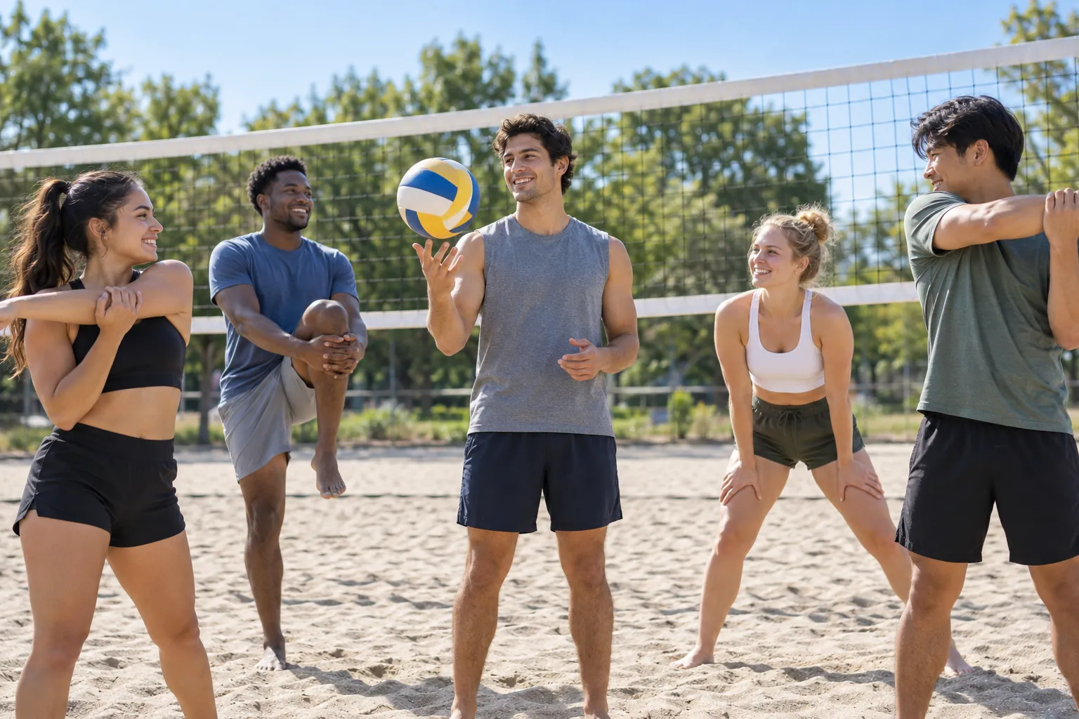 Illustration: Young adults take part in friends warming up before an outdoor volleyball game.