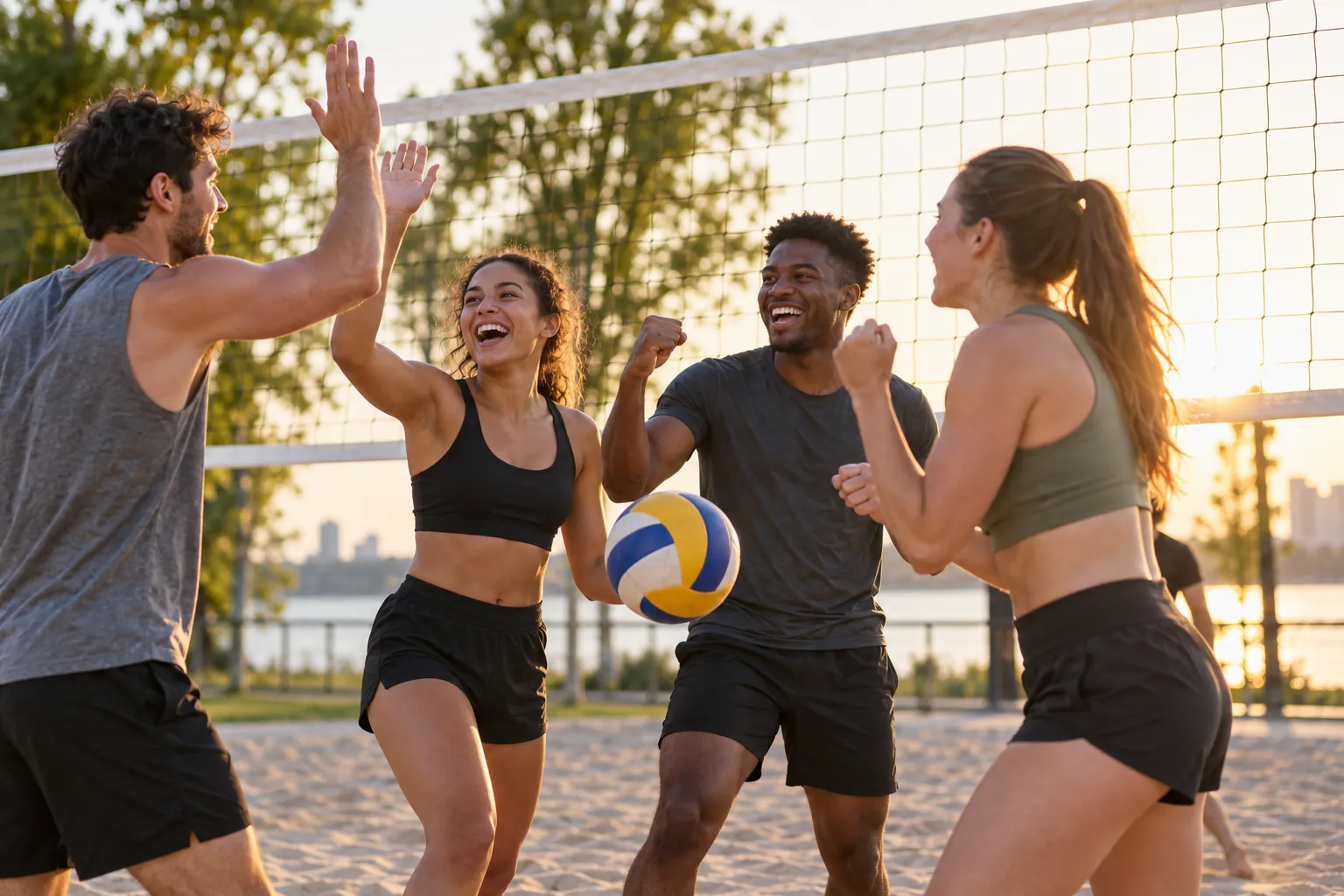Young adults take part in a mixed recreational team celebrating a point.