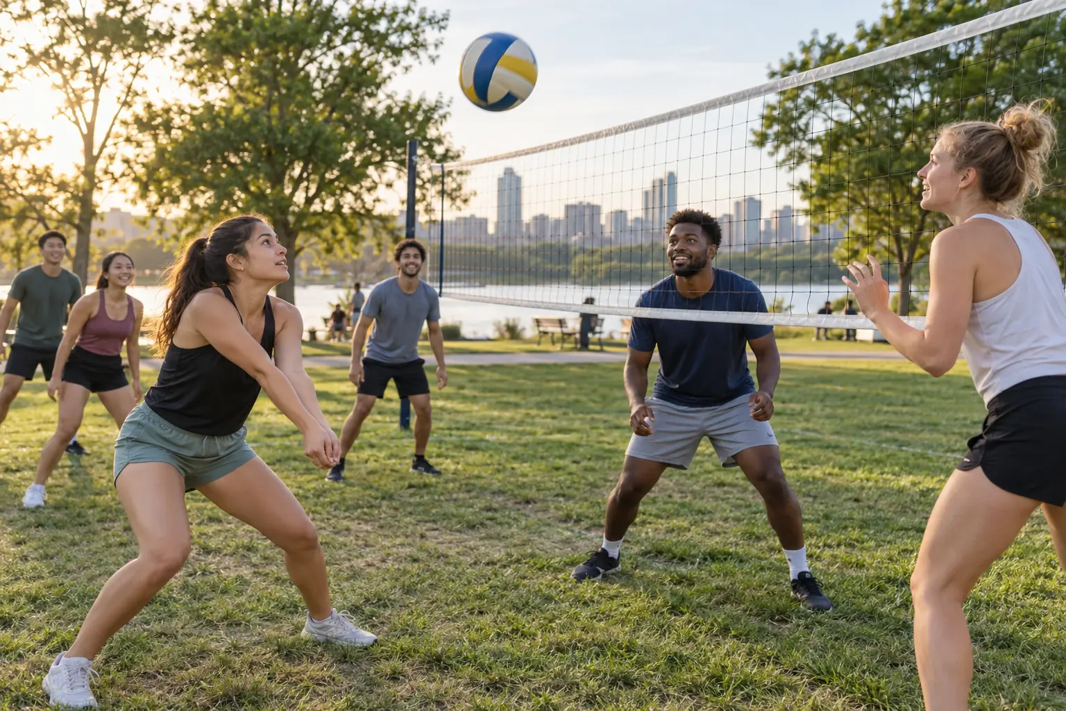 Illustration: Young adults take part in young adults playing volleyball at a park court.