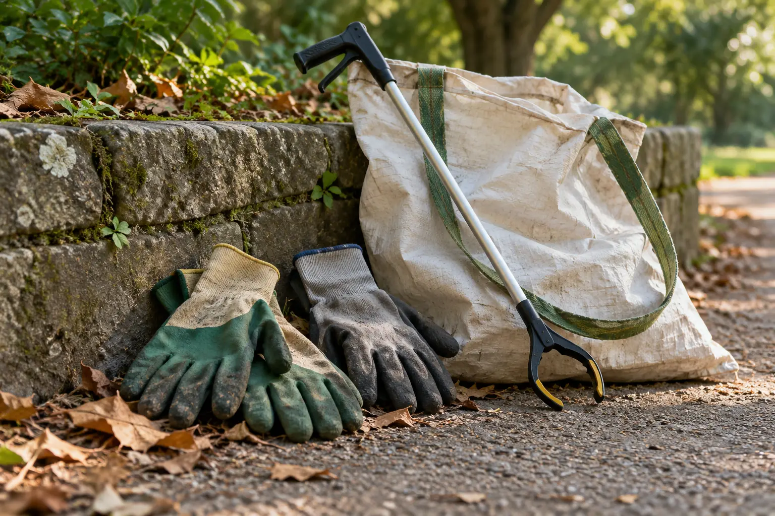 Illustration: Work gloves, a litter picker and a collection sack beside a park path.