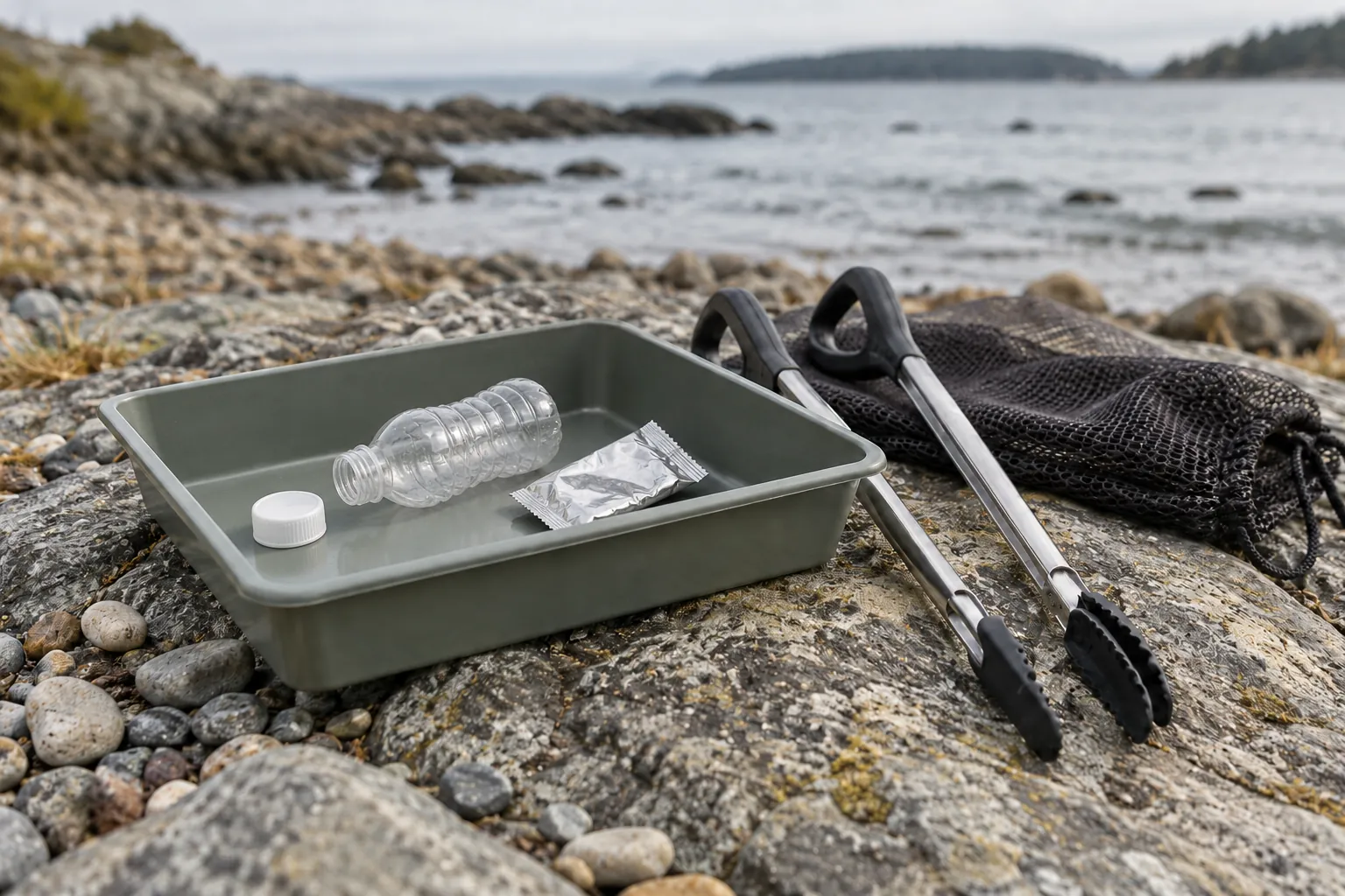 Illustration: Litter tongs, a mesh sack and a sorting tray on a shoreline ledge.