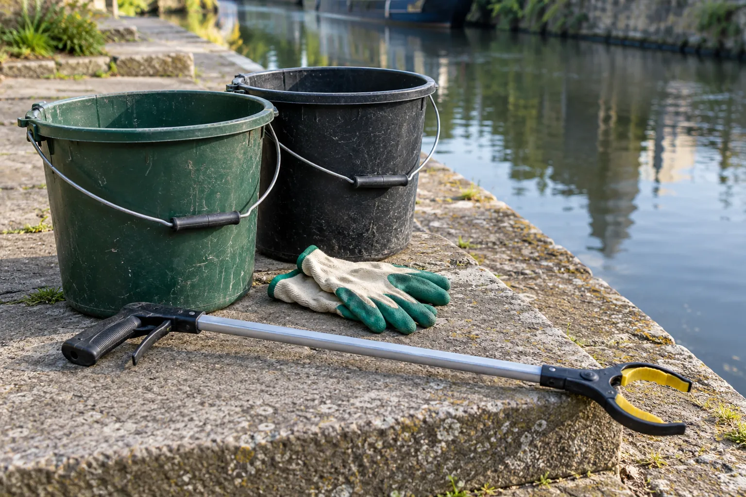 Collection buckets, gloves and a litter picker beside a canal-side path.