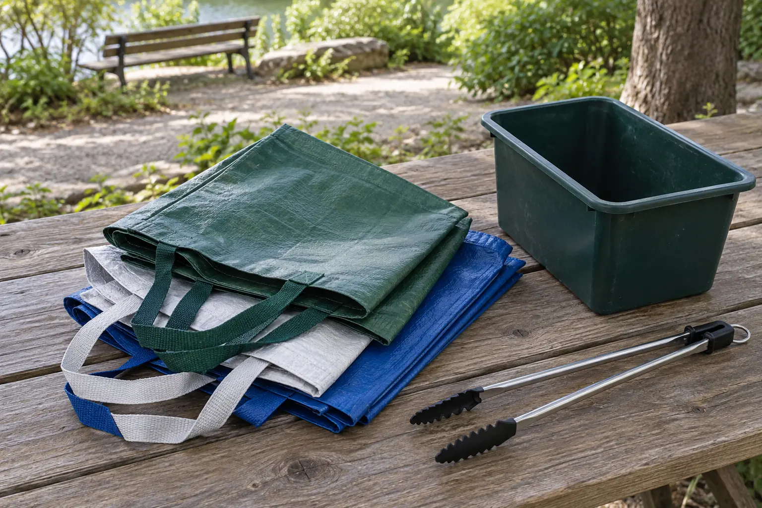 Illustration: Folded collection sacks, a sorting bin and tongs on an outdoor workbench.