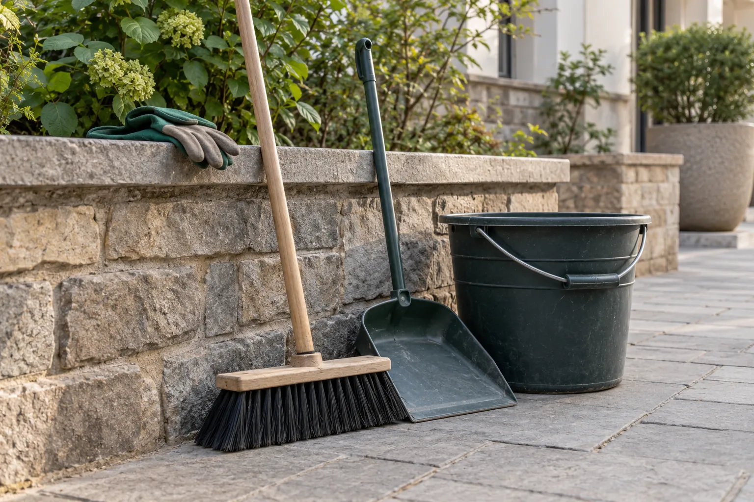 A broom, dustpan, debris bucket and gloves in a community courtyard.
