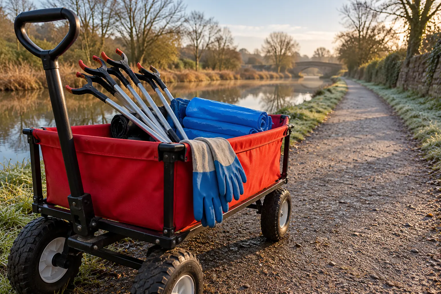Illustration: A red cleanup wagon with litter-pickers and sacks on an empty canal path.
