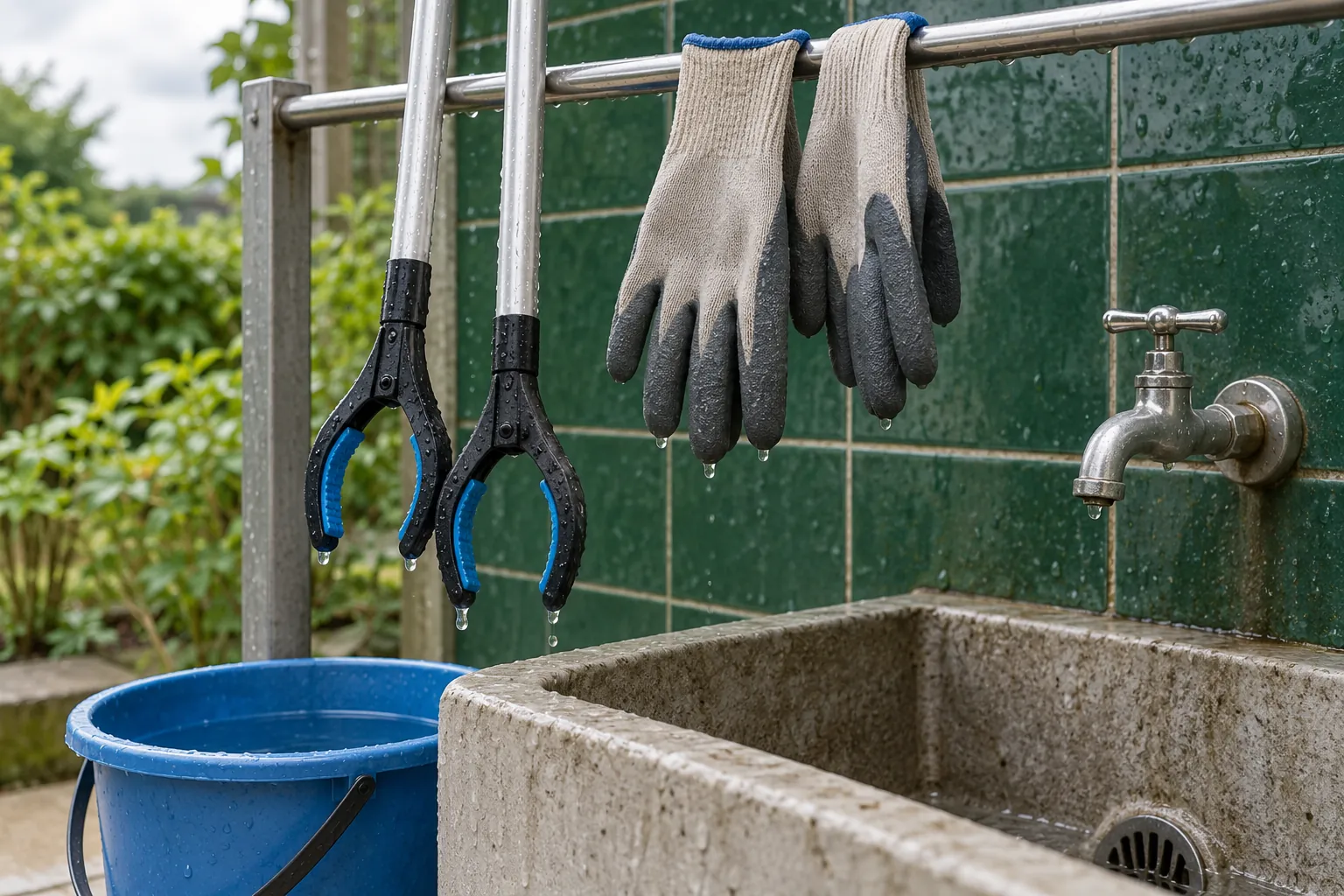 Illustration: Cleanup tools drying above a concrete outdoor utility basin.