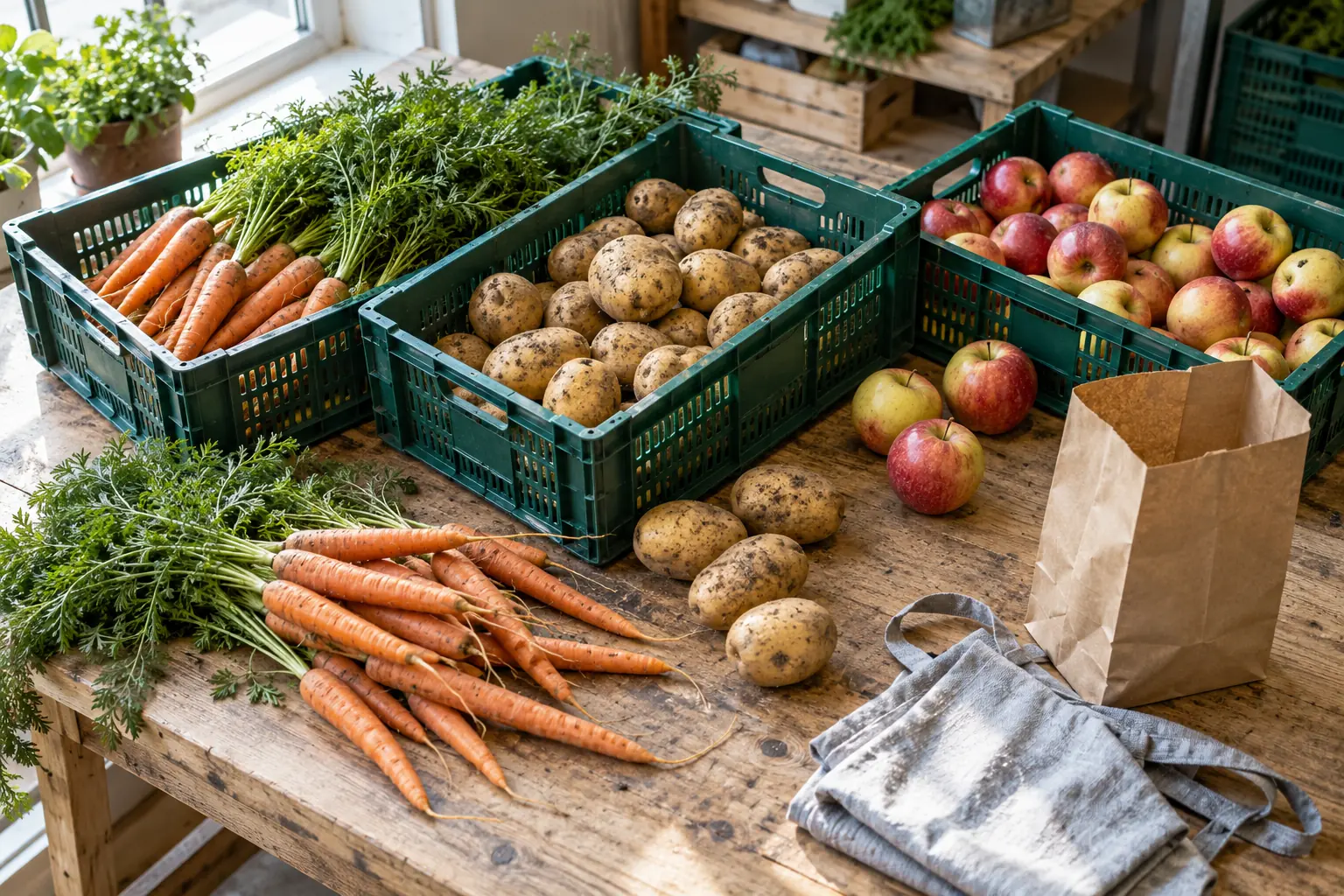 Illustration: Produce crates, loose vegetables, apples and an empty paper bag on a packing bench.