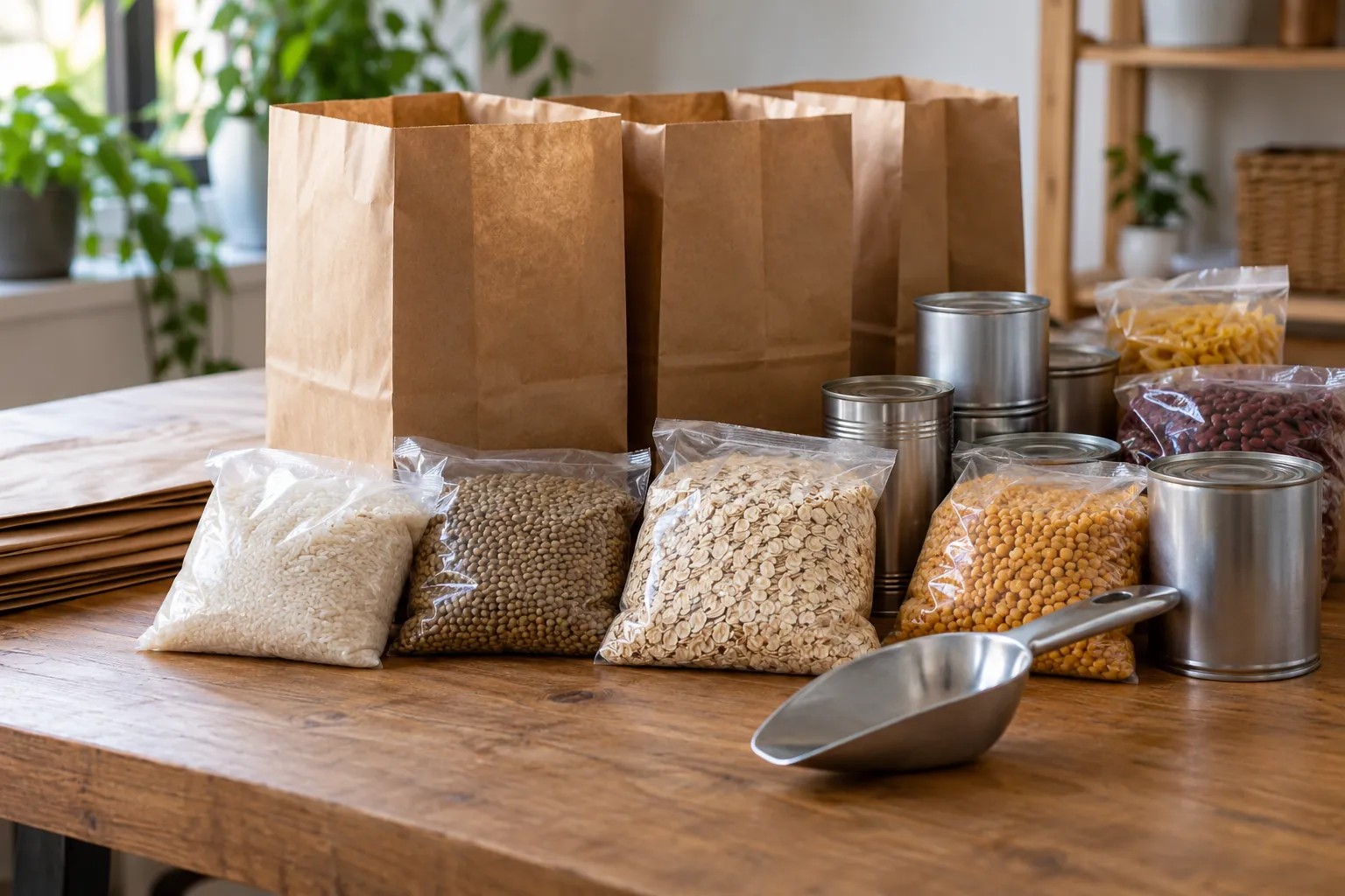 Illustration: Open grocery bags, plain grain packets and blank tins on a packing table.