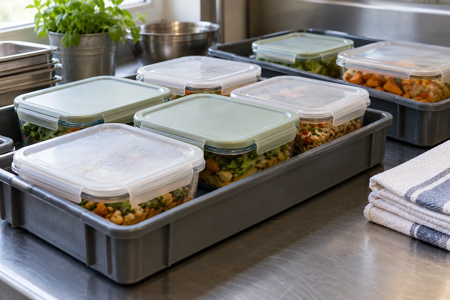 Illustration: Closed reusable meal containers in transport trays on a community kitchen counter.