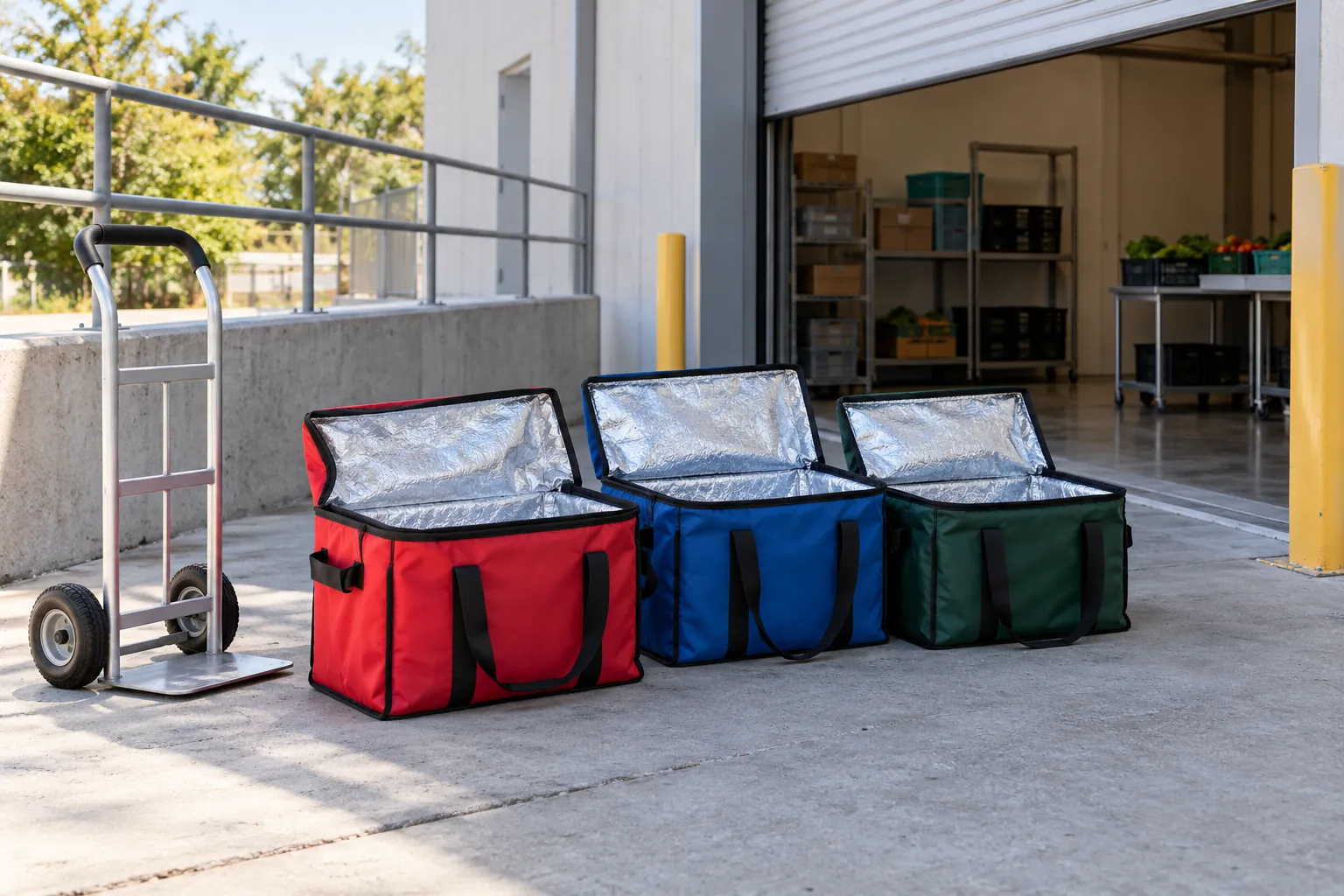 Illustration: Insulated food carriers and a hand truck at a community loading ramp.