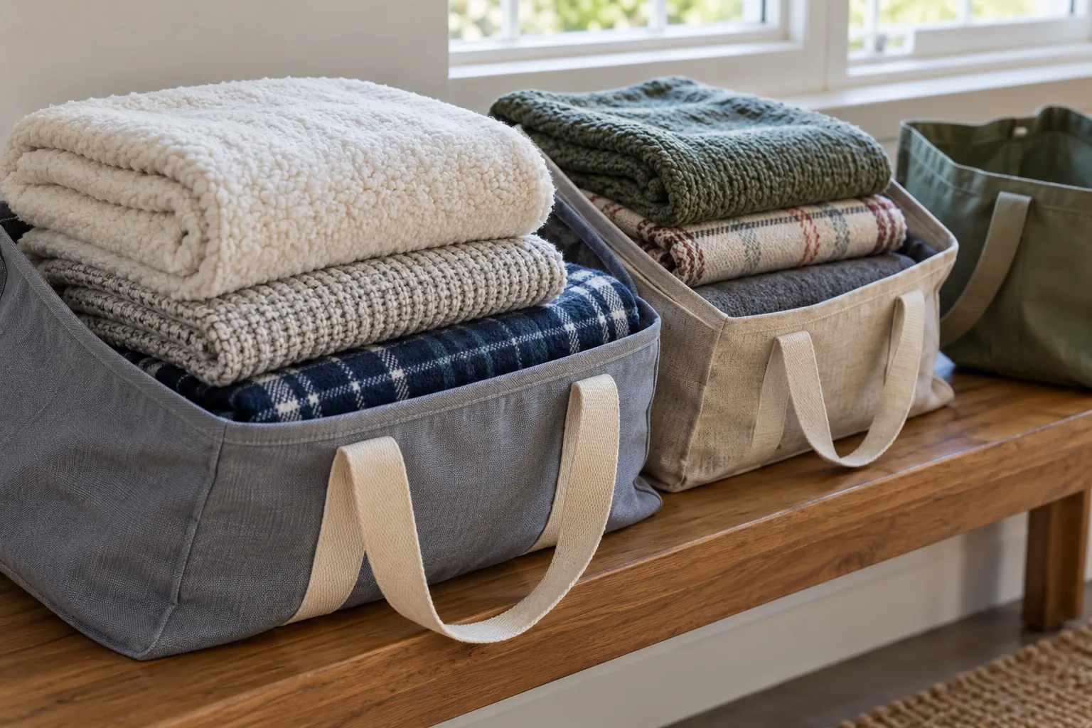 Illustration: Clean folded blankets in reusable storage bags on a community-room bench.