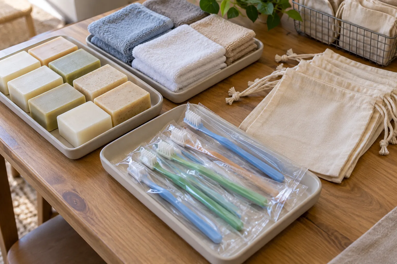 Illustration: Washcloths, plain soap bars and wrapped toothbrushes beside empty fabric pouches.