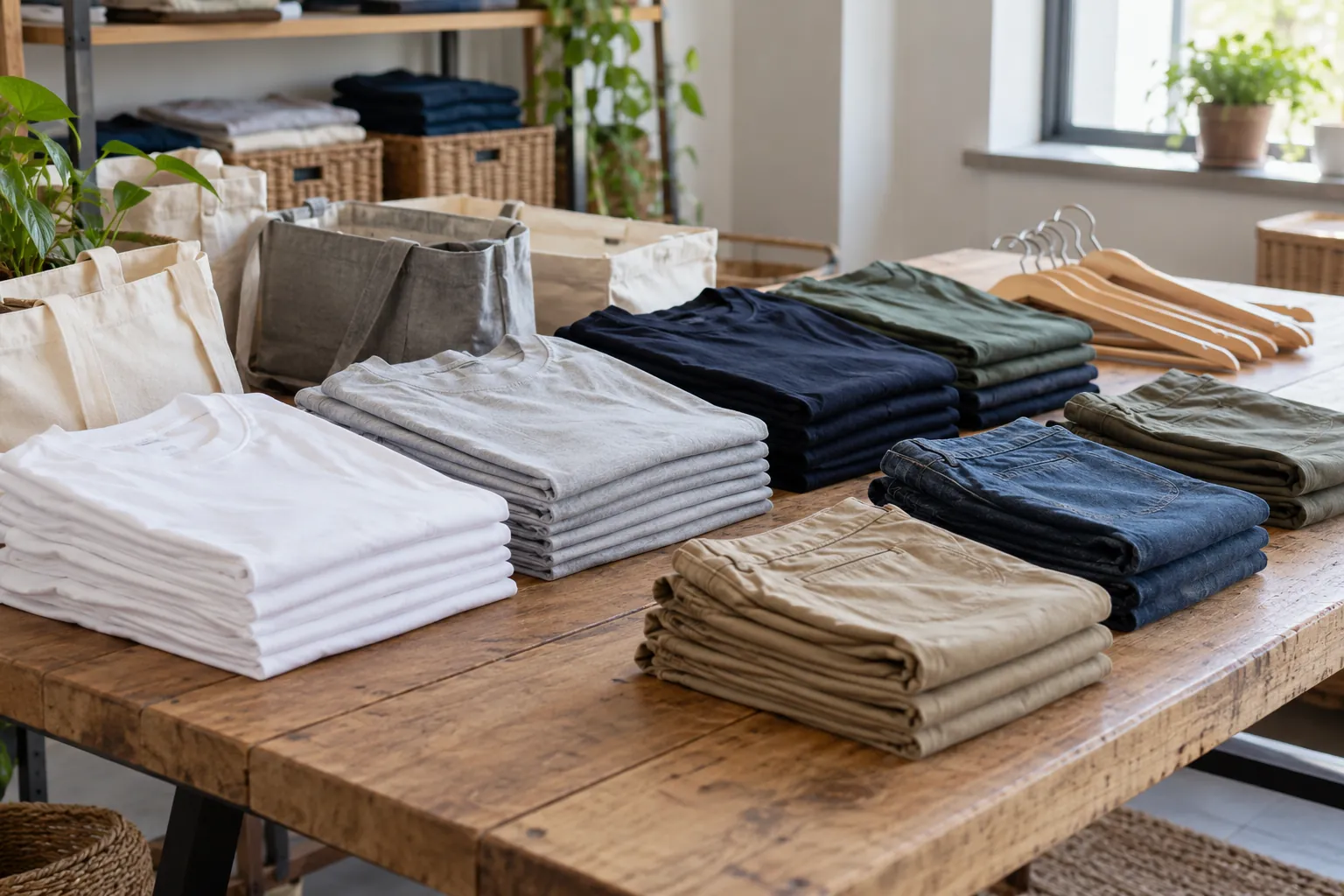 Illustration: Folded plain clothing, reusable bags and empty hangers on a sorting bench.