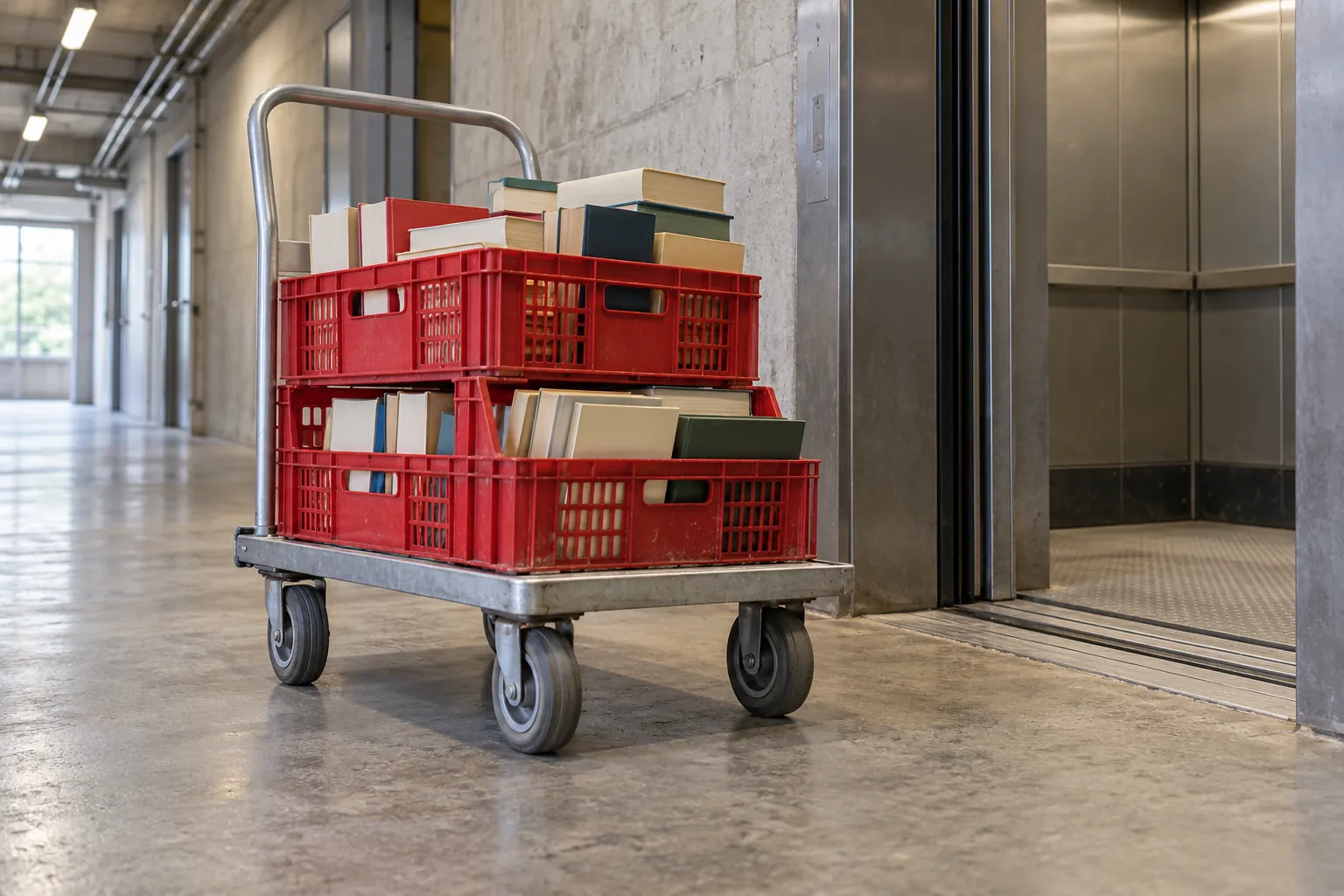 Illustration: Book donations in red crates on a handcart beside an unmarked lift.