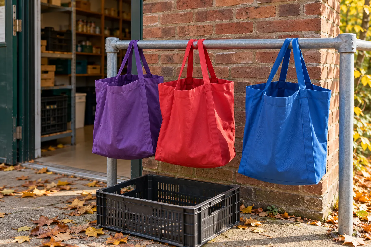 Illustration: Reusable shopping bags hanging open for checking outside a store room.
