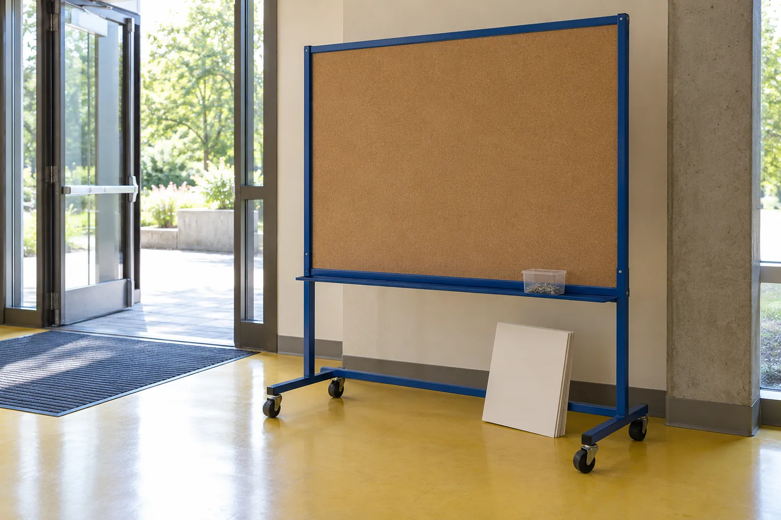 Illustration: A blank mobile noticeboard with pins and unused paper in a community entrance.