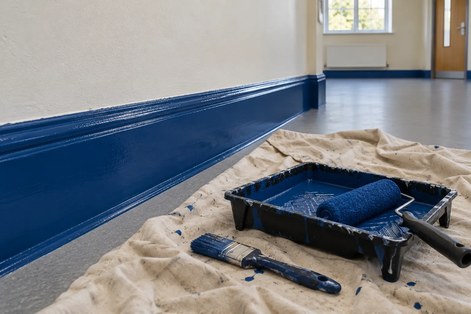 Illustration: A paint tray and brush beside freshly painted blue community-hall skirting.