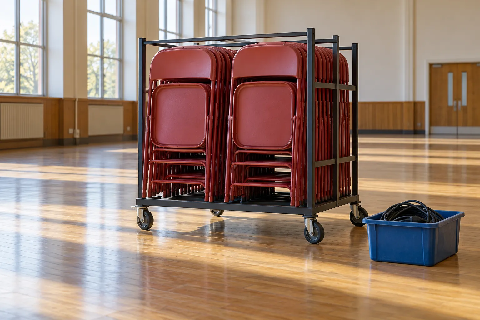 Illustration: Red folding chairs on a storage rack in an empty community hall.