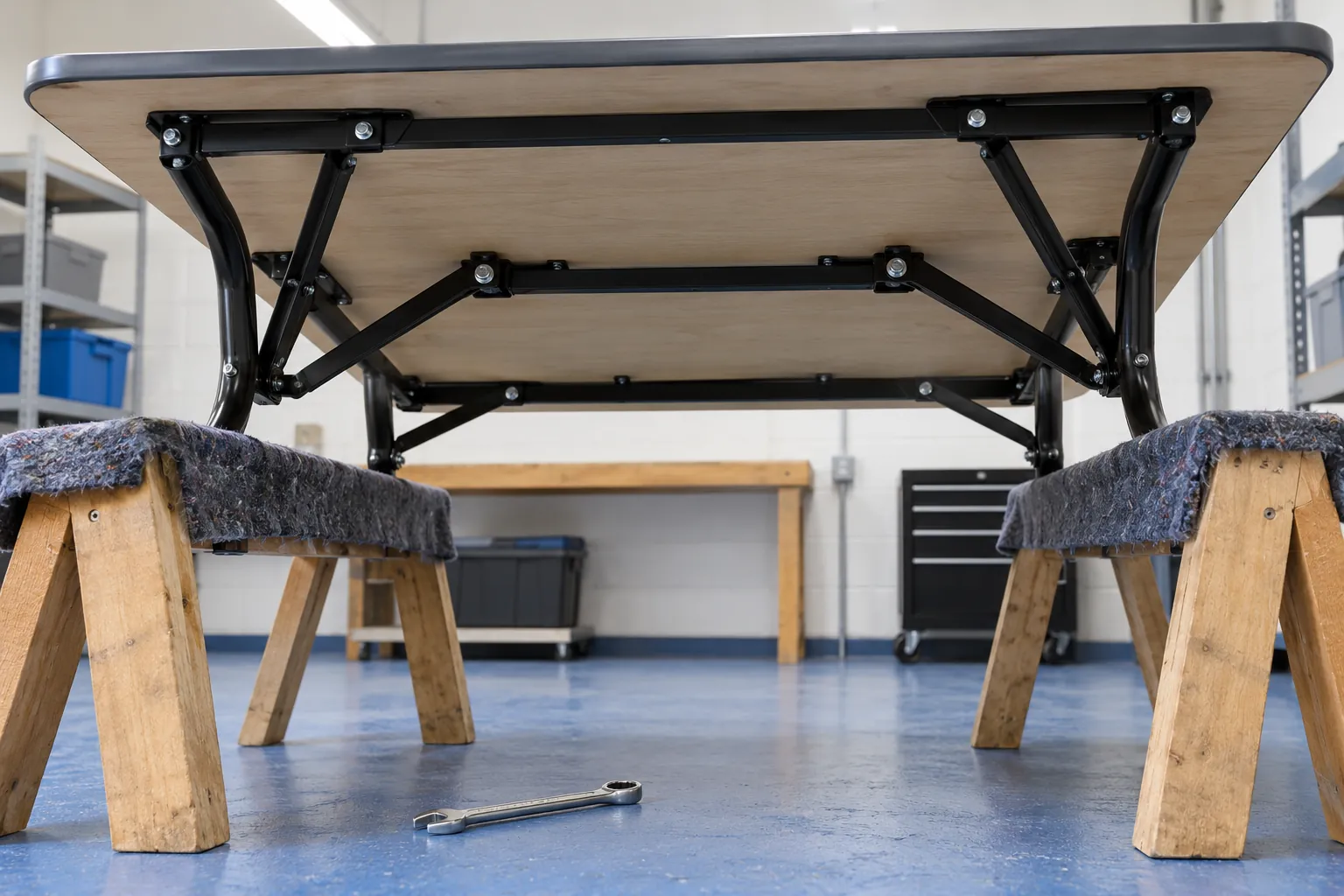 Illustration: The folding mechanism of a community table being checked on padded trestles.