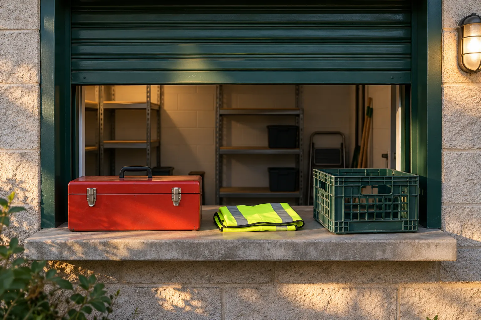 Illustration: A toolbox and safety vest returned at a green-framed lending hatch.