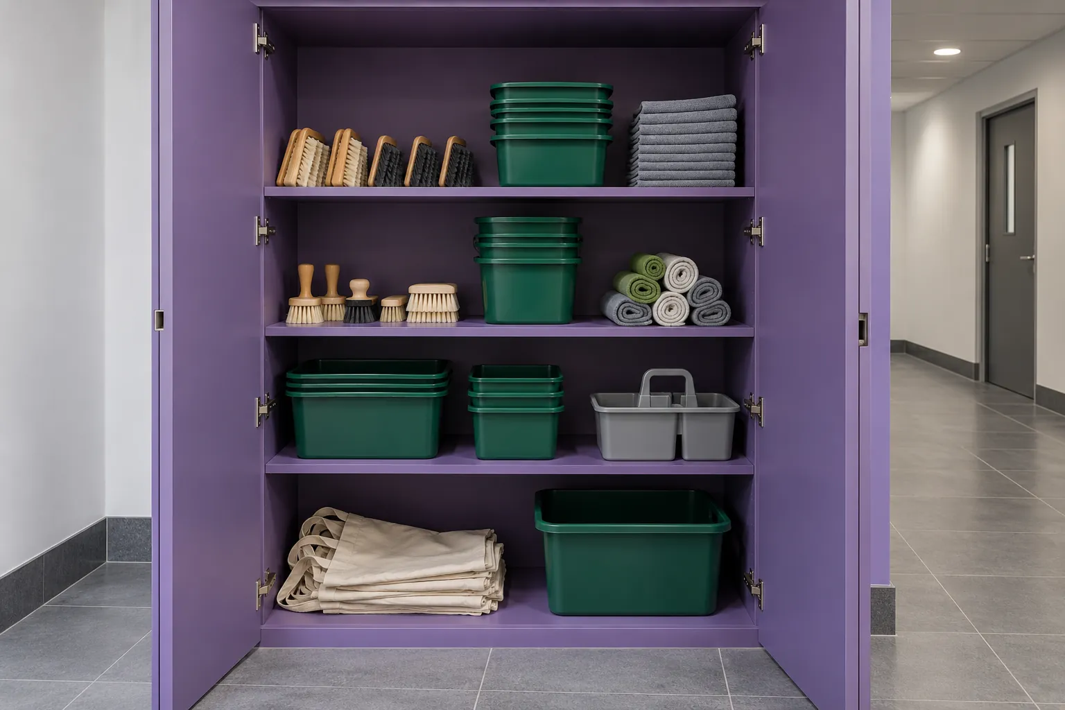 Illustration: Sorted volunteer supplies in an open purple utility cupboard.
