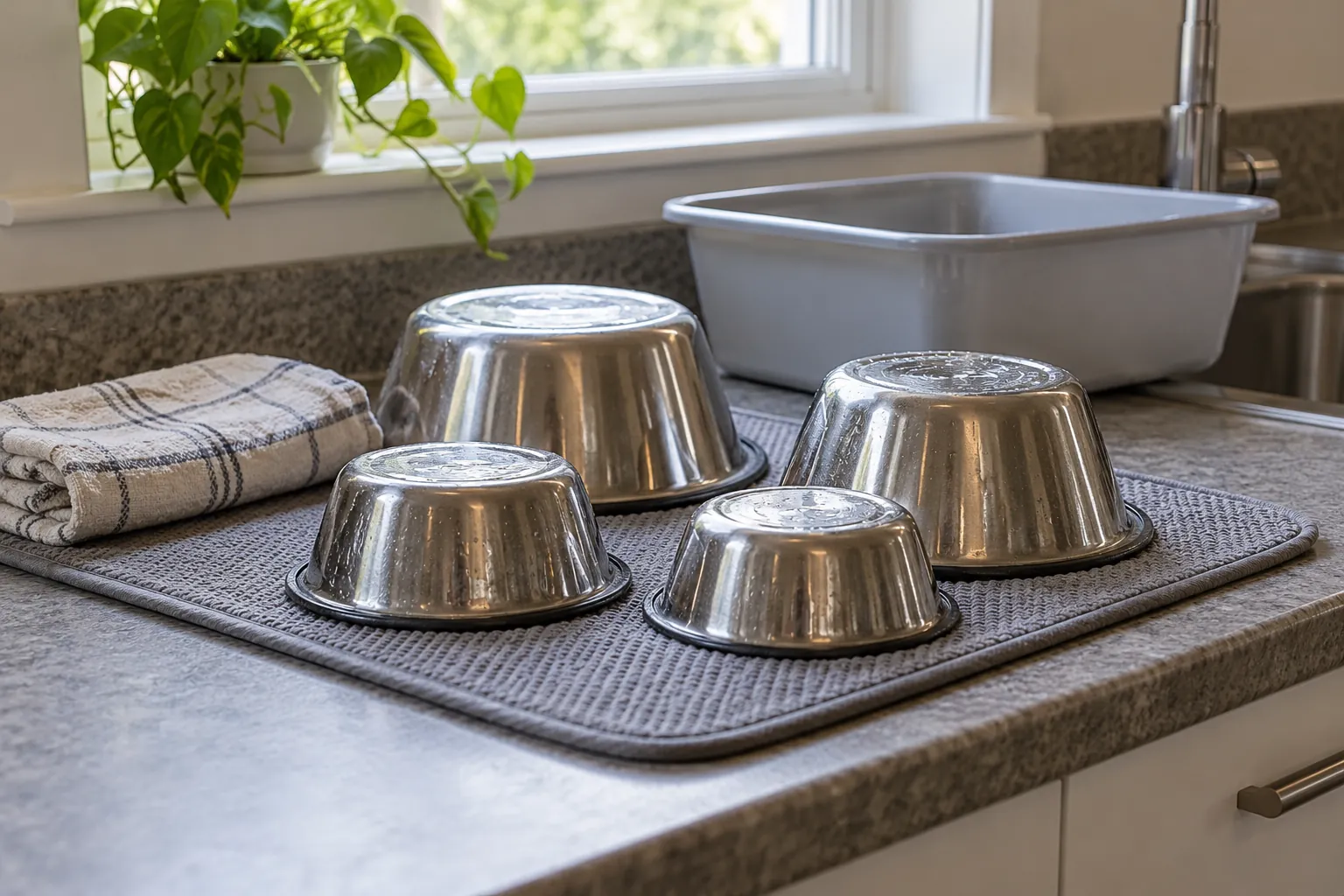 Illustration: Clean stainless animal bowls drying beside a towel and wash basin.