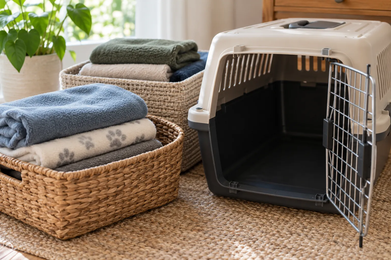 Folded fleece blankets in baskets beside an empty pet carrier.