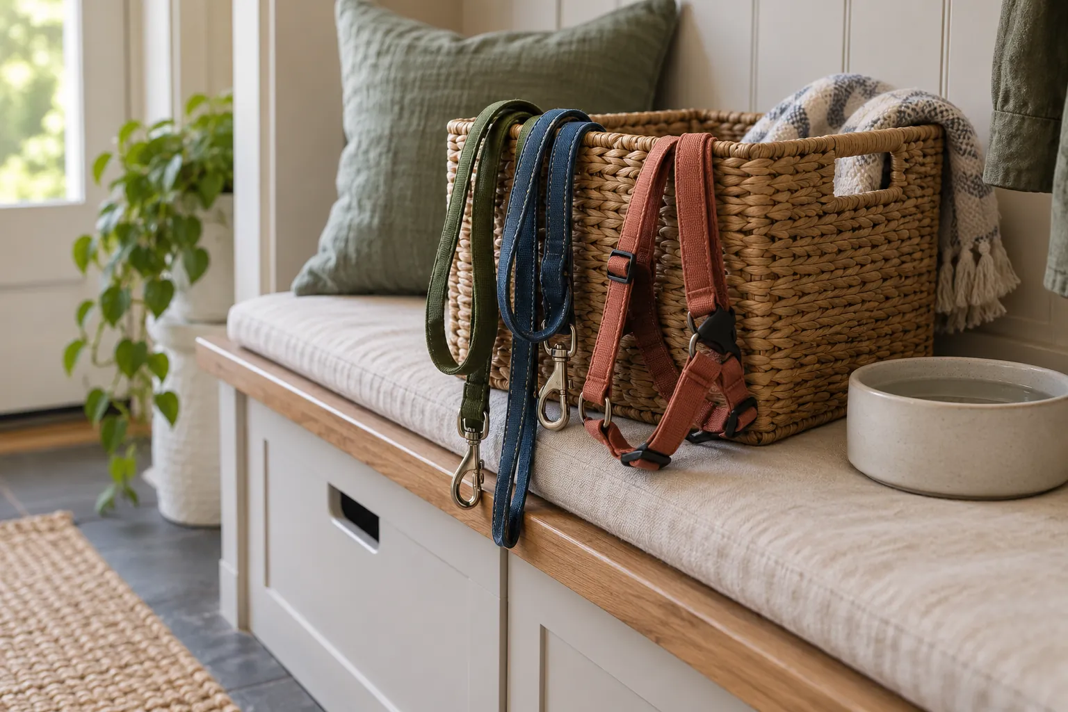 Illustration: Plain leads, washable harnesses and a water bowl on a storage bench.