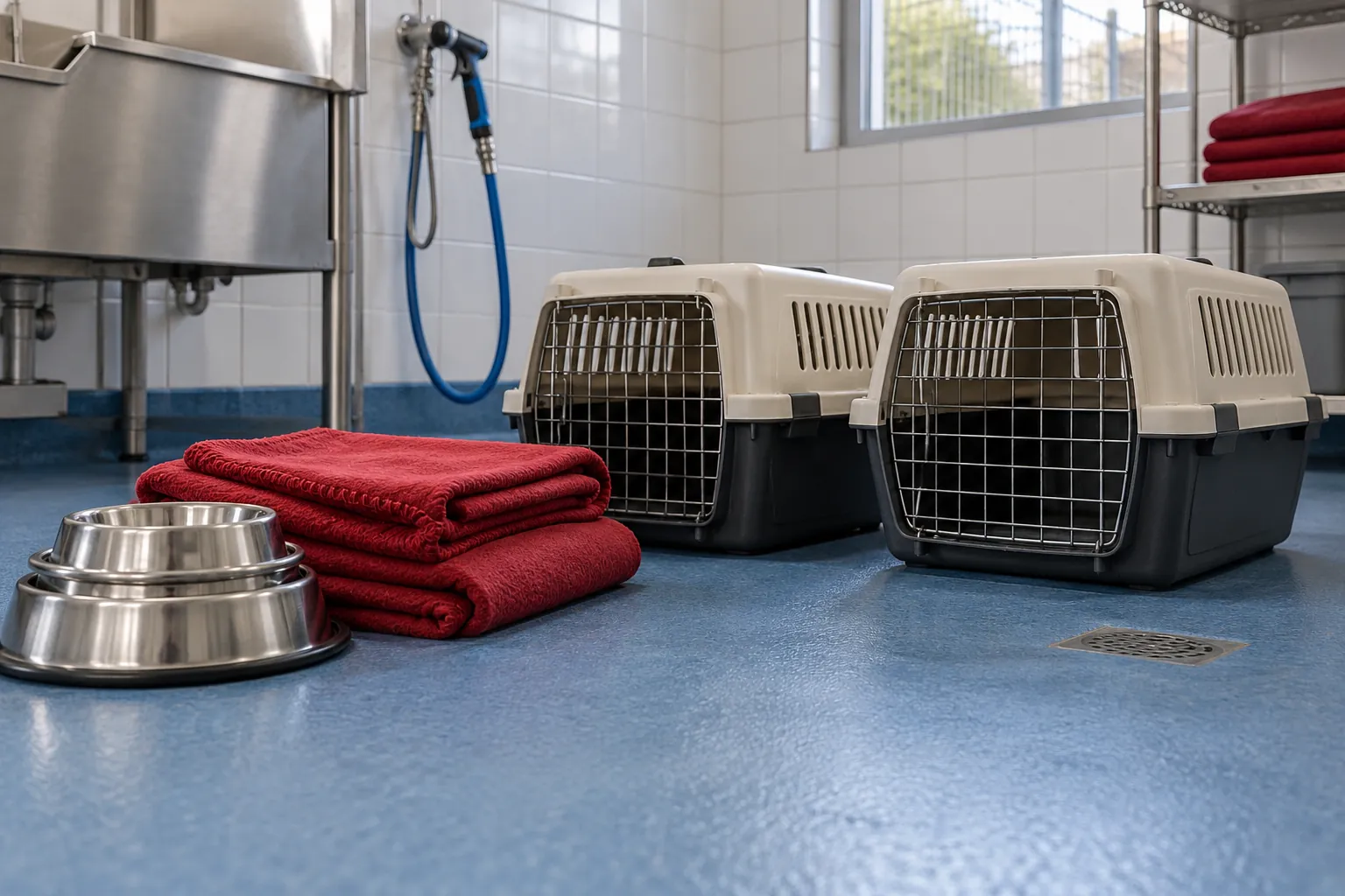 Illustration: Pet-care donations arranged on the blue floor of a clean utility room.