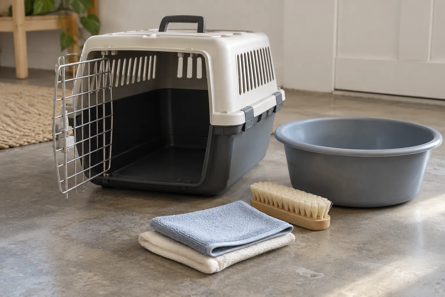 Illustration: An empty pet carrier beside a wash brush, cloths and rinse basin.