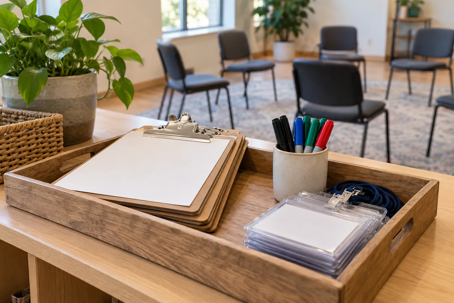 Illustration: Blank clipboards, markers and name-tag holders beside empty discussion chairs.