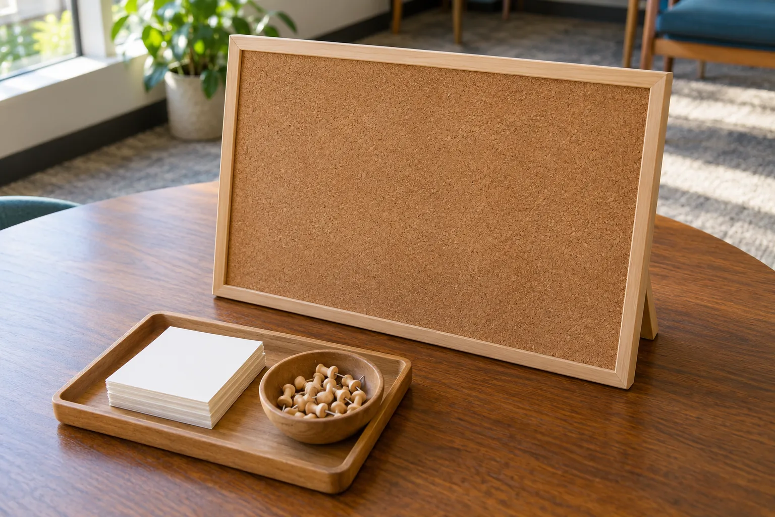 Illustration: A blank corkboard, paper squares and wooden pushpins on a community table.