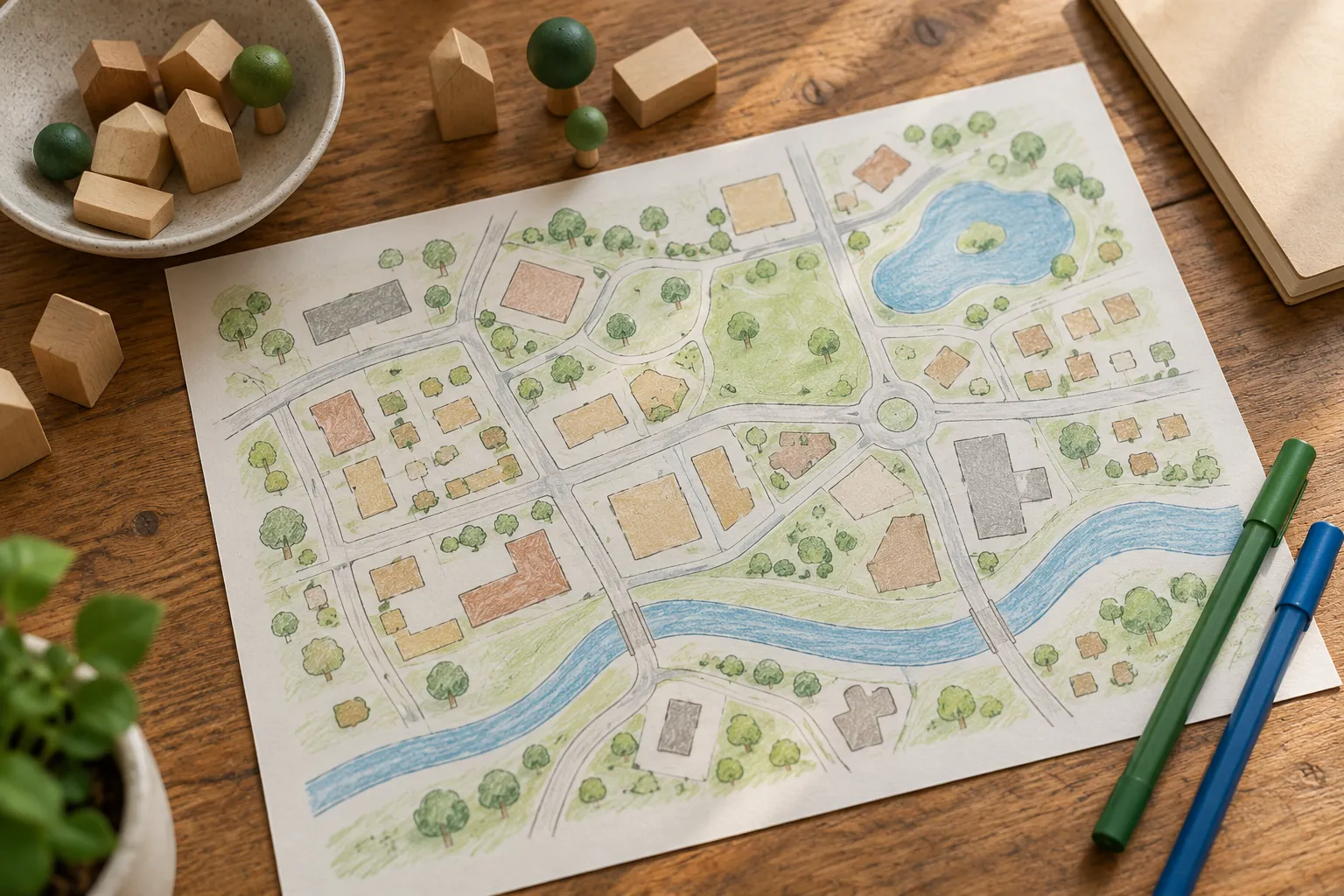 Illustration: An unlabeled neighborhood diagram, wooden markers and pencils on a worktable.
